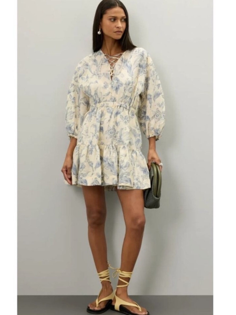 Sandro Cream Mini Dress with Light Blue Floral Lace-Up Front